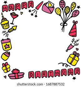 Birthday frames. Celebration b-day icon set. Hand drawn elements. Vector