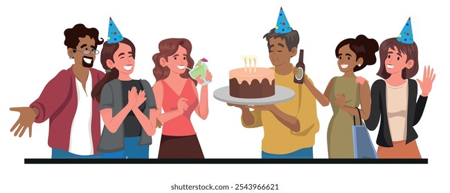 Birthday, friends celebrate birthday with surprise party and cake. vector illustration.