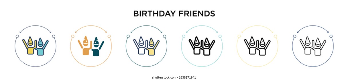 Birthday friends icon in filled, thin line, outline and stroke style. Vector illustration of two colored and black birthday friends vector icons designs can be used for mobile, ui, web