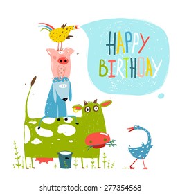 Birthday Fun Cartoon Farm Animals Pyramid Greeting Card. Countryside humor animals illustration for children with lettering happy birthday. Vector EPS10.