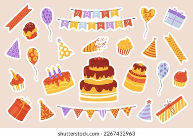 Birthday fun party celebration set, cartoon cute sticker collection, anniversary event holiday elements vector illustration. Bundle of cake, drink, gift, decorations festive party celebration stickers