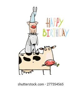 Birthday Funny Cartoon Farm Domestic Animals Pyramid Composition Greeting. Countryside cottage animals illustration for children card. Vector EPS10.