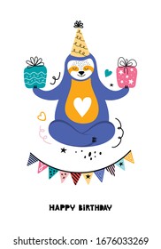 Birthday of a funny kawaii sloth. Cute bear with different gift boxes. Bday greeting card or banner with happy birthday typography. Animal party. Hand drawn flat illustration in Scandinavian style.