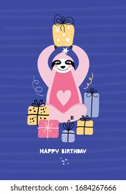 Birthday of a funny kawaii sloth. Cute bear with different gift boxes. Bday greeting card or banner with happy birthday typography. Animal party. Hand drawn flat illustration in Scandinavian style.