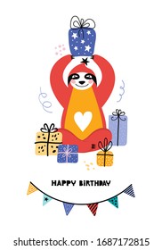 Birthday of a funny kawaii sloth. Cute bear with different gift boxes. Bday greeting card or banner with happy birthday typography. Animal party. Hand drawn flat illustration in Scandinavian style.