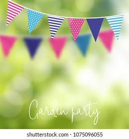 Birthday garden party or Brazilian june party, vector illustration with garland of party flags and blurred background