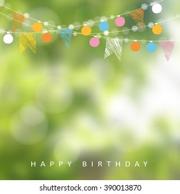 Birthday garden party. Brazilian june party. Festa junina. Vector illustration with garland of lights, party flags. Summer blurred background. Holiday web banner.