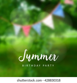 Birthday garden party. Brazilian june party. Festa junina. Party decoration, flags. Modern blurred background. Vector illustration.