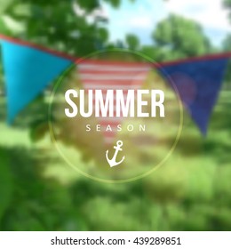Birthday garden party. Brazilian june party. Festa junina. Party decoration, flags. Modern blurred background. Vector illustration.