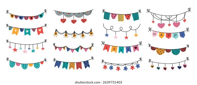Birthday garland set. Hand drawn flags. Party bunting line icons. Festive rope with paper or cloth flags. Simple banner for party, fair, event. Fun doodle vector. Isolated on white.