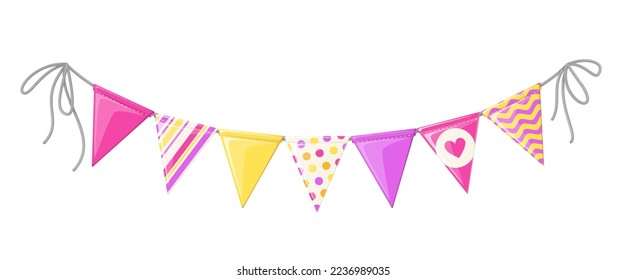 Birthday garland with triangle flags vector illustration. Cartoon isolated festive decor for holidays, colorful bright pennants hanging on string to celebrate events, flags with different ornaments