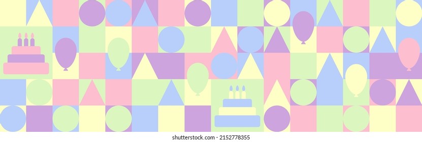 Cumpleaños - un fondo geométrico en colores pastel, una fiesta de la infancia, diversión y alegría. Patrón de moda sin fisuras para papel textil o de pared, portada del sitio web.