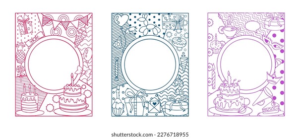 Birthday geometric flyers, trendy doodle style drawing frames, hand drawn gifts, candles and decor box, sweet cupcakes, happy anniversary, posters design. Vector tidy modern illustration