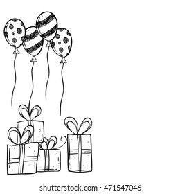 Birthday gift and balloon using hand drawing or doodle art