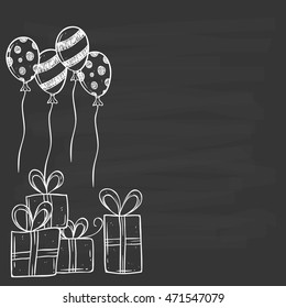 Birthday gift and balloon using hand drawing or doodle art on chalkboard background