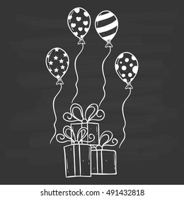 birthday gift with balloons using hand drawing style on chalkboard background