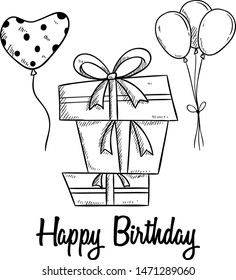 Birthday Gift Box and Balloon With Hand Drawn or Sketch Style