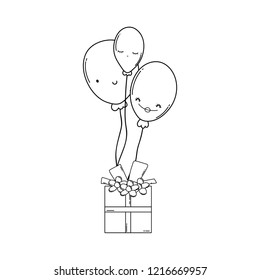 Birthday gift box with balloons in black and white