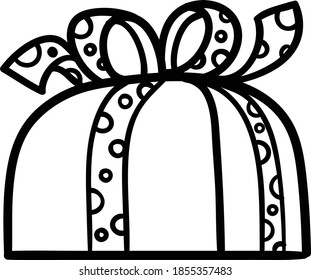 Birthday Gift box and Christmas present with ribbon and knot bow outline black and white clip art illustration on transparent background