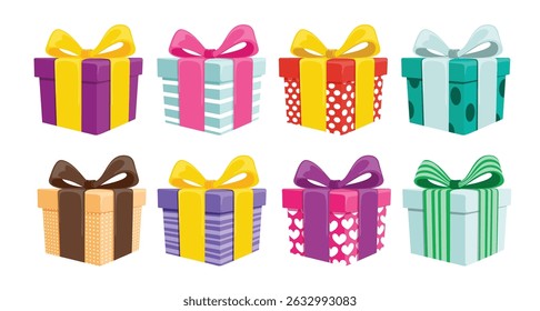 Birthday gift box elements clipart set. Colorful gift boxes drawing clip art with multi colored ribbon tie and cute pattern decoration collection vector illustration. 
