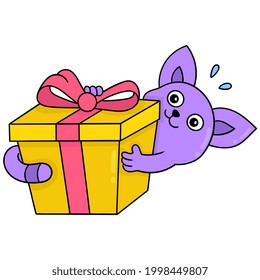 birthday gift box given by a cat surprise, vector illustration art. doodle icon image kawaii.