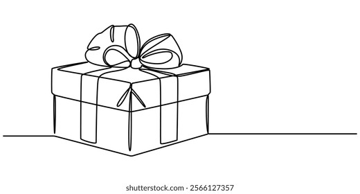 Birthday Gift box with ribbon and bow continuous one line drawing, line art drawing of gift box. Wrapped surprise package for christmas or birthday party .Party and celebration. Gift box line art. 