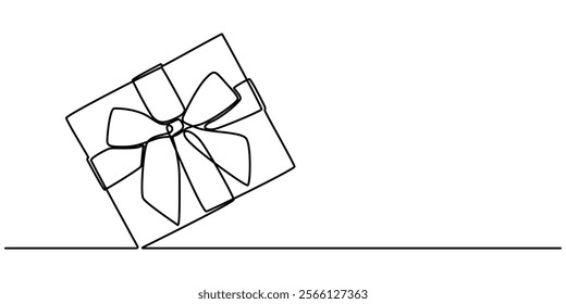 Birthday Gift box with ribbon and bow continuous one line drawing, line art drawing of gift box. Wrapped surprise package for christmas or birthday party .Party and celebration. Gift box line art. 