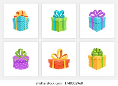 Birthday gift box or surprise present collection isolated vector illustration. Set of cartoon giftboxes with colorful wrapping paper and cute ribbon bows. Christmas gift package or prize box design