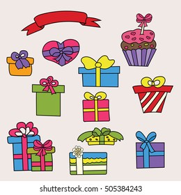 Birthday gift boxes design set. Cartoon free hand draw doodle vector illustration. 