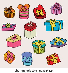 Birthday gift boxes design set. Cartoon free hand draw doodle vector illustration. 