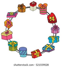 Birthday gift boxes design set. Cartoon frame border hand draw doodle vector illustration