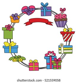 Birthday gift boxes design set. Cartoon frame border hand draw doodle vector illustration.