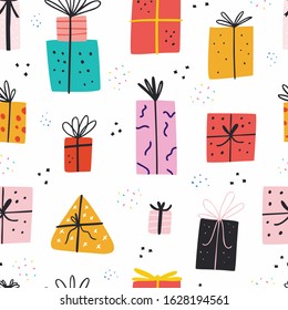 Birthday gift boxes flat vector seamless pattern