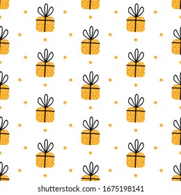 Birthday gift boxes flat vector seamless pattern in scandinavian style. Yellow Presents and gifts festive wrapping paper. Celebration greeting card backdrop. Textile, wallpaper, wrapping paper