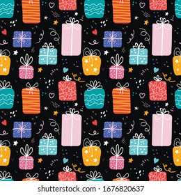 Birthday gift boxes flat vector seamless pattern in scandinavian style. Presents and gifts festive wrapping paper on black background. Celebration, greeting card backdrop. 