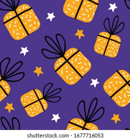 Birthday gift boxes flat vector seamless pattern in scandinavian style. Yellow presents and gifts festive wrapping paper on a purple background. Celebration greeting card backdrop. 