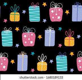 Birthday gift boxes flat vector seamless pattern in scandinavian style. Presents and gifts festive wrapping paper on black background. Celebration, greeting card backdrop. 