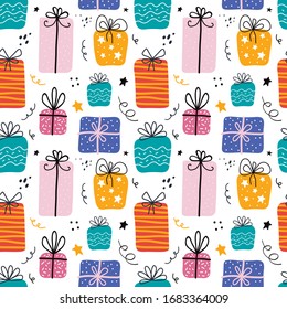 Birthday gift boxes flat vector seamless pattern in scandinavian style. Presents and gifts festive wrapping paper. Celebration, greeting card backdrop. Textile, wallpaper, wrapping paper design idea