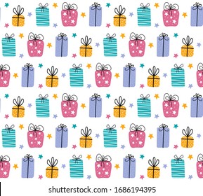 Birthday gift boxes flat vector seamless pattern in scandinavian style. Presents and gifts festive wrapping paper. Celebration, greeting card backdrop. Textile, wallpaper, wrapping paper design idea