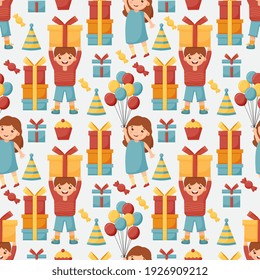 Cajas de regalo de cumpleaños, granos de vectores planos sin fisuras. Antecedentes de una fiesta, vacaciones para niños