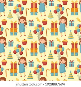 Cajas de regalo de cumpleaños, granos de vectores planos sin fisuras. Antecedentes de una fiesta, vacaciones para niños