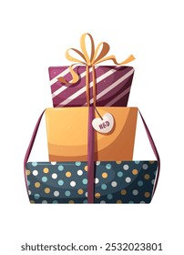 Birthday gift boxes. Birthday party, celebration, holiday, event, festive, congratulations concept. Isolated vector illustration.