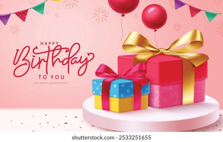 Birthday gift boxes vector design. Happy birthday gift in podium with greeting text and party elements for birth day present celebration in pink background. Vector illustration invitation card design.