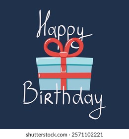 Birthday Gift Card on Dark background. Happy birthday Lettering with cartoon greeting Box wrapped in red ribbon, bow. Text congratulations on holiday, Calligraphy. Festive banner. Vector illustration