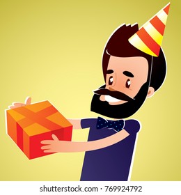 birthday with a gift / editable vector clip art illustration