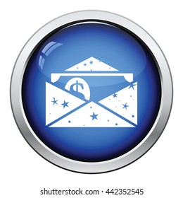 Birthday gift envelop icon with money  . Glossy button design. Vector illustration.