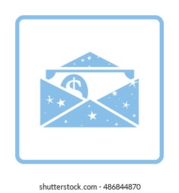 Birthday gift envelop icon with money  . Blue frame design. Vector illustration.