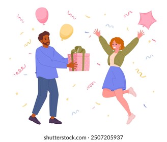 Birthday gift giving. Man gives gift box to happy woman, festive mood, celebrating birthday party flat vector illustration. Couple with present box