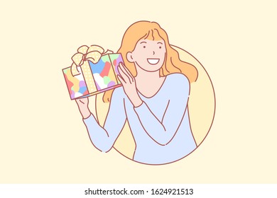 Birthday, gift, happiness, surprise concept. Happy girl getting colorful present. Young excited schoolgirl guessing gifted souvenir. Pleased lady surprised in birthday celebration flat simple vector.