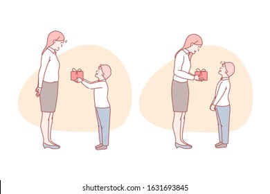 Birthday, gift, happiness, surprise, mother, concept. Young excited boy presenting gift to mom in Mothers day. Grateful schoolchild greeting teacher on holyday. Birthday surprising simple flat vector.